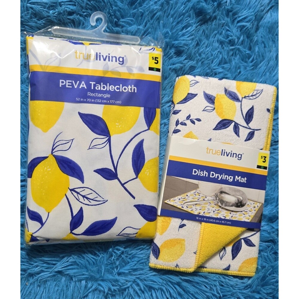 Lemon Kitchen True Living 2pc Bundle- Dish Drying Mat & PEVA Tablecloth